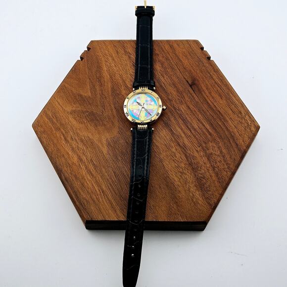 Stain Glasses Motif Dial Wrist Watch Black Band Gold Bezel Artsy Colorful Spring - Picture 4 of 6